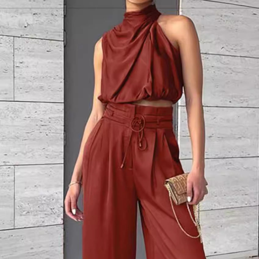 Summer Suits Casual Sleeveless Midriff-baring Top And Wide Leg Pants