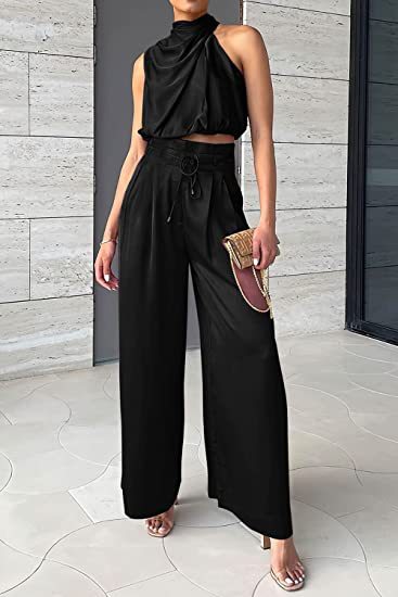 Summer Suits Casual Sleeveless Midriff-baring Top And Wide Leg Pants