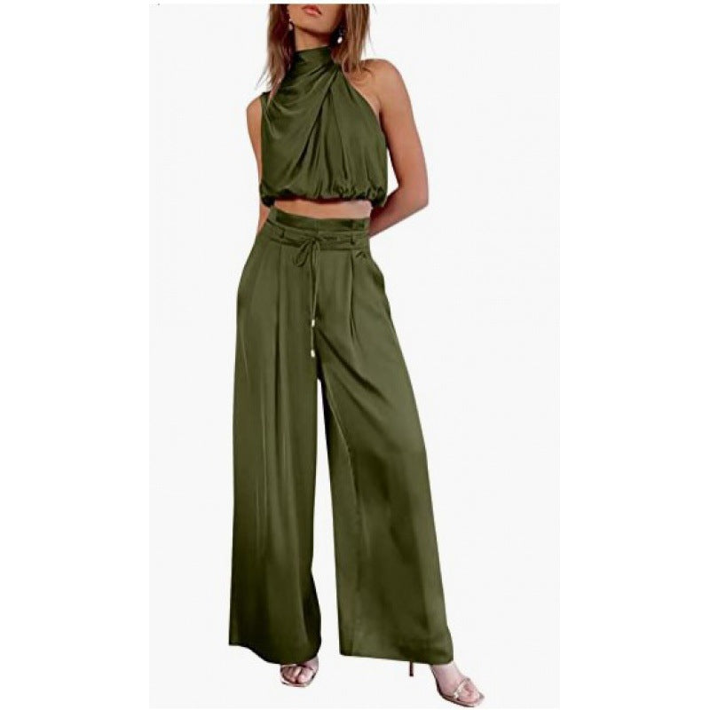 Summer Suits Casual Sleeveless Midriff-baring Top And Wide Leg Pants