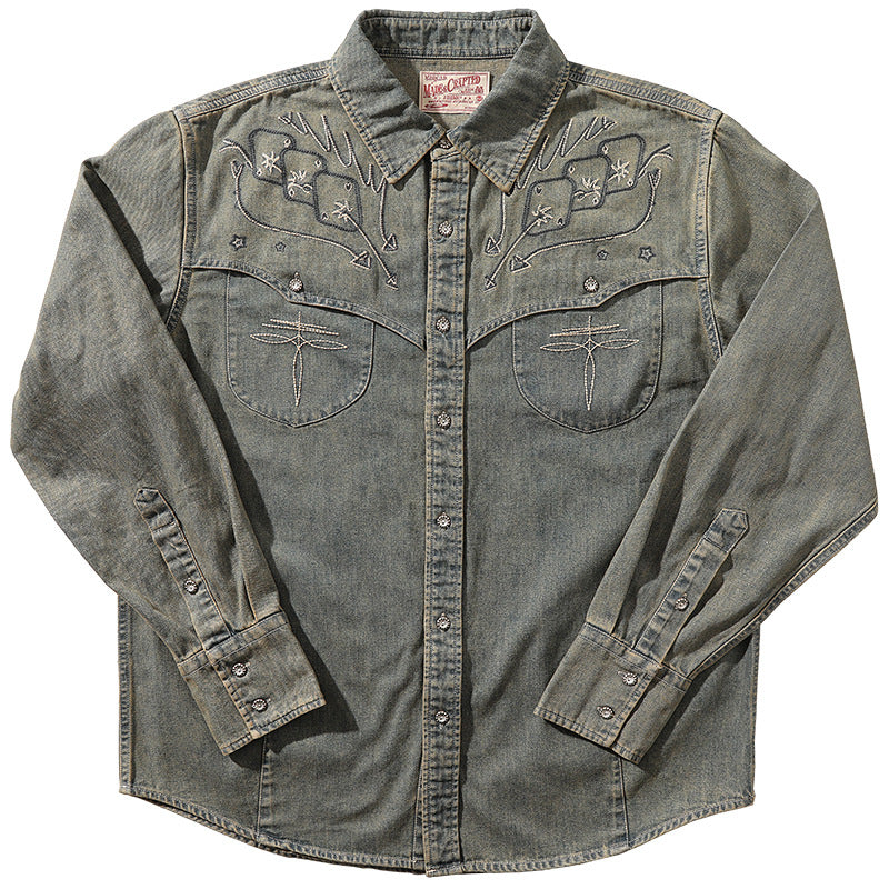 Chemise western américaine rétro en jean délavé brodé à manches longues