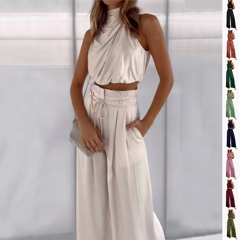 Summer Suits Casual Sleeveless Midriff-baring Top And Wide Leg Pants