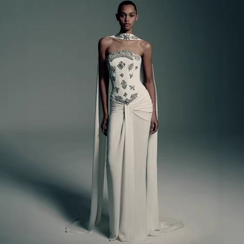 Ruched Rhinestone Halter Neck Flowing Ribbon Tube Dress Slim Fit Dress