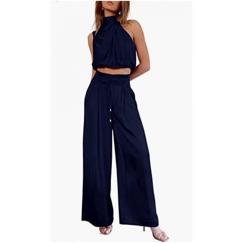 Summer Suits Casual Sleeveless Midriff-baring Top And Wide Leg Pants