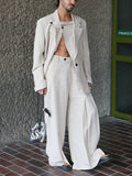 Beige Textured Three-piece Set With Oversized Blazer