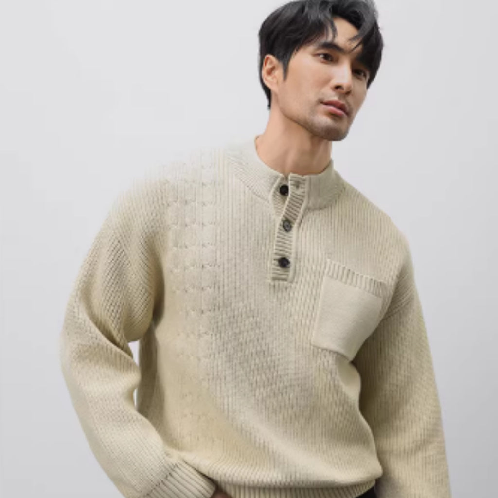Pull épais jacquard col Henley lourd pour homme Luxanique