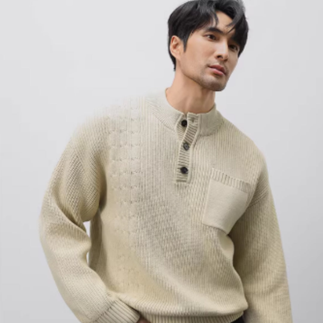 Pull épais jacquard col Henley lourd pour homme Luxanique