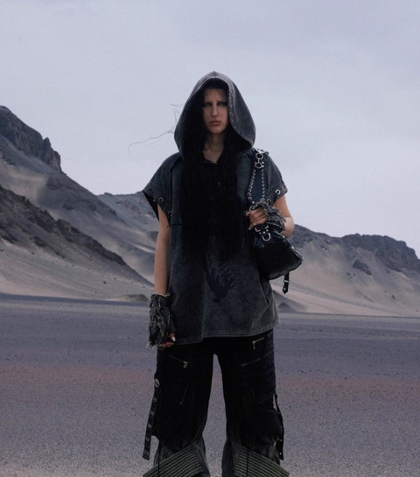 Pentagram Button Hooded Sleeveless Hoodie