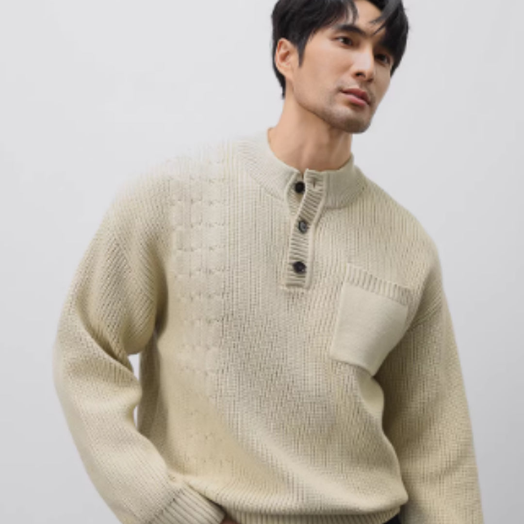 Pull épais jacquard col Henley lourd pour homme Luxanique