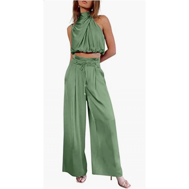 Summer Suits Casual Sleeveless Midriff-baring Top And Wide Leg Pants