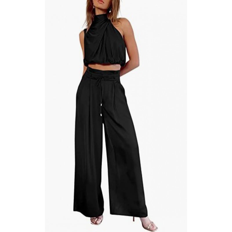 Summer Suits Casual Sleeveless Midriff-baring Top And Wide Leg Pants