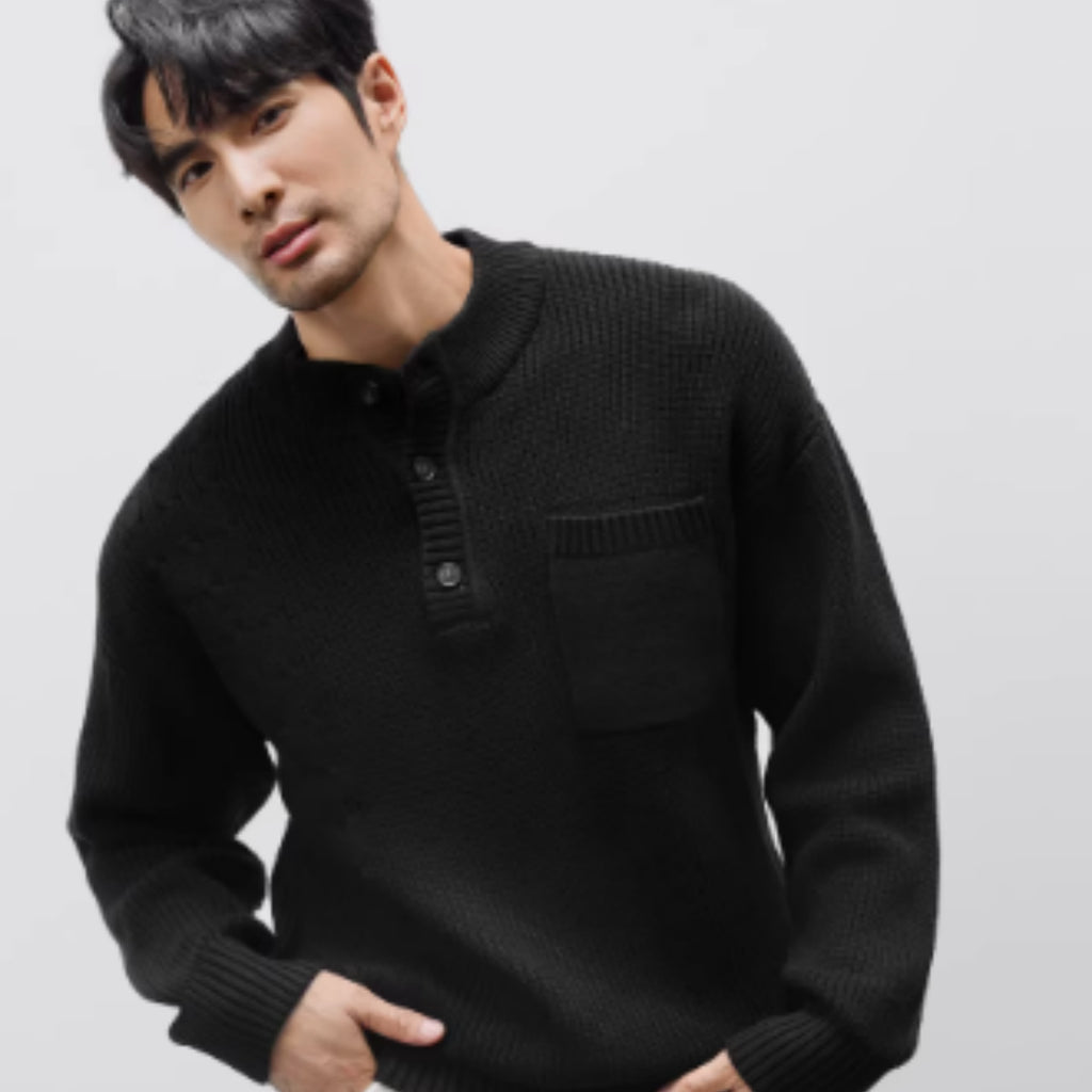 Pull épais jacquard col Henley lourd pour homme Luxanique