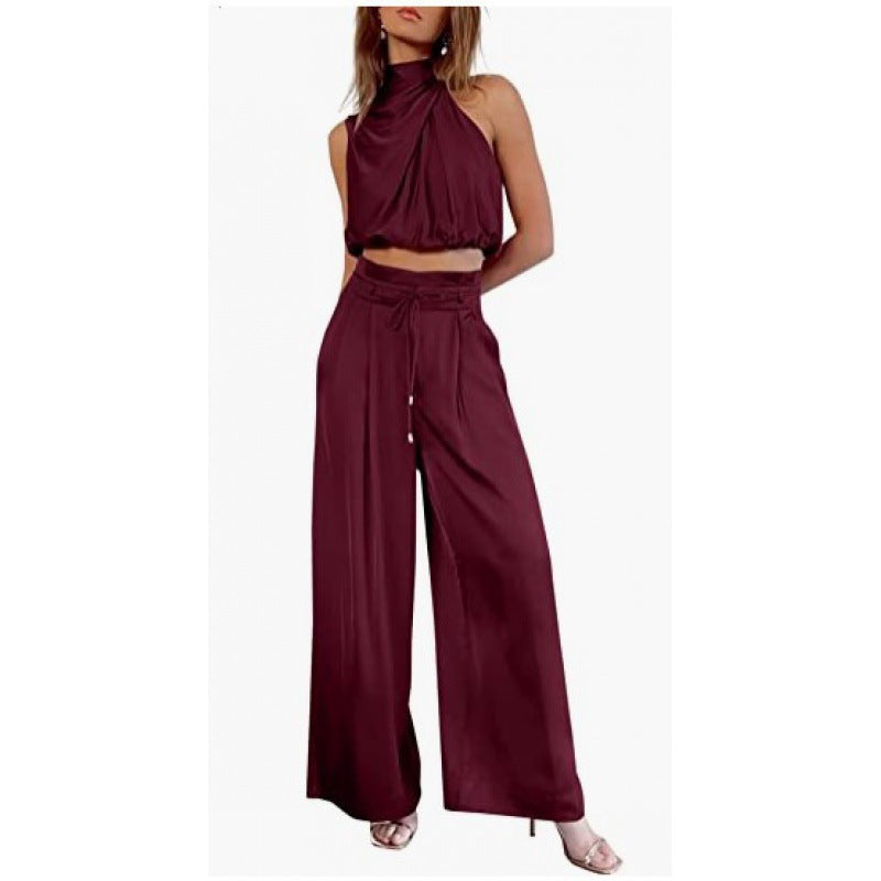 Summer Suits Casual Sleeveless Midriff-baring Top And Wide Leg Pants
