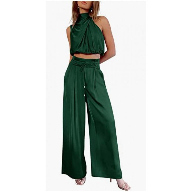 Summer Suits Casual Sleeveless Midriff-baring Top And Wide Leg Pants