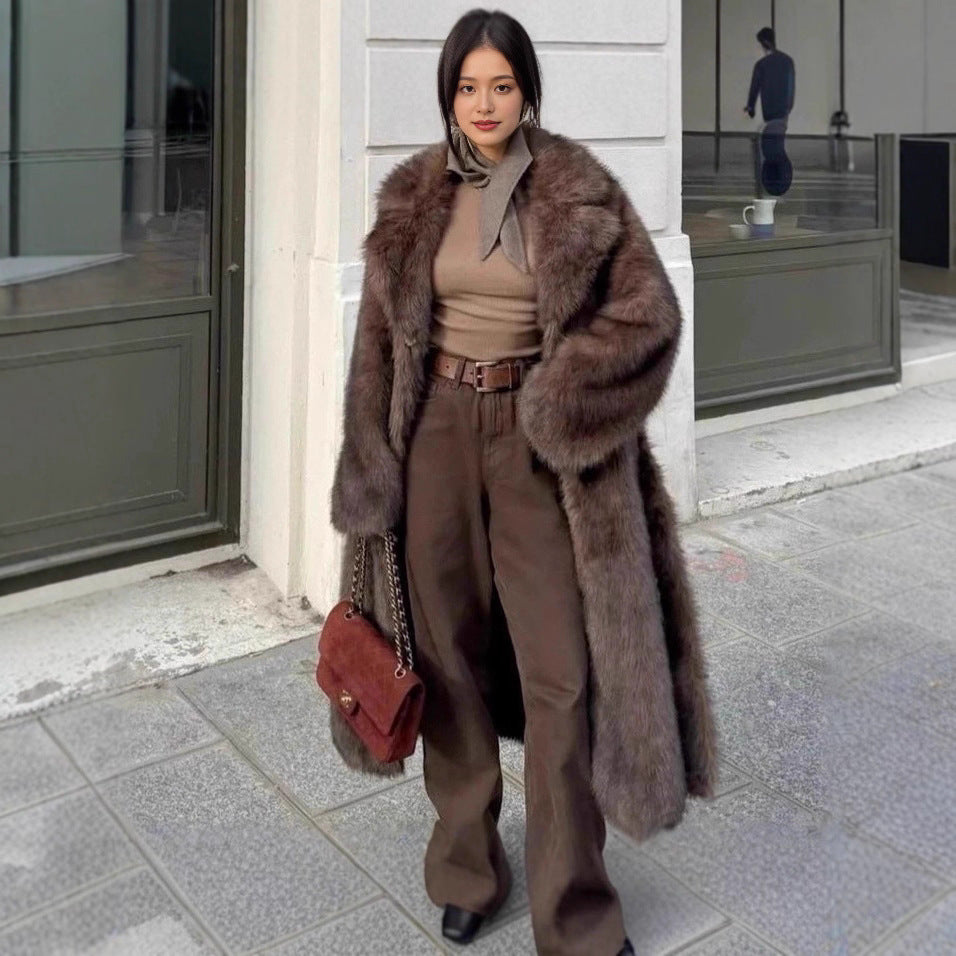 Laid-back Style Fox Fur Coat Faux Fur Brown