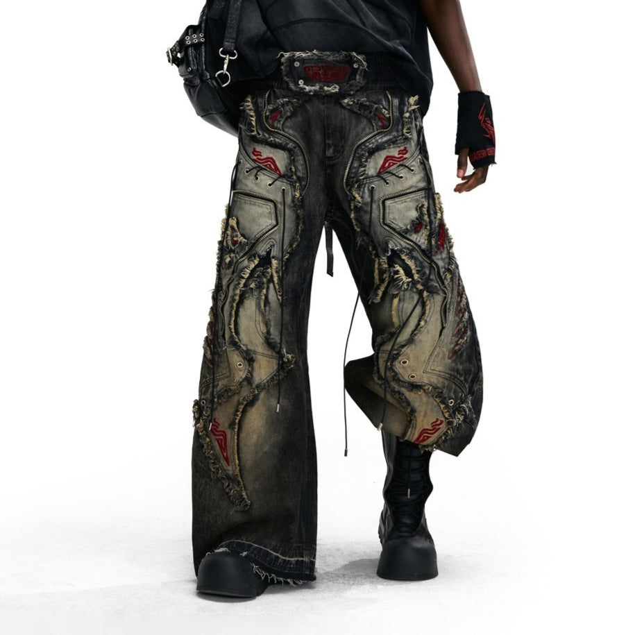 Lucky Pattern Embroidered Patchwork Jeans