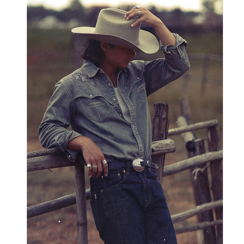 Chemise western américaine rétro en jean délavé brodé à manches longues
