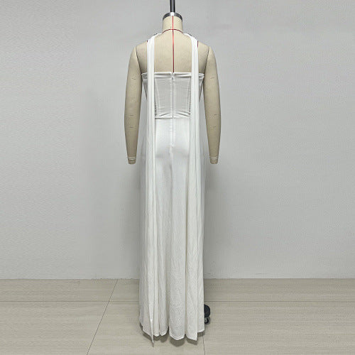 Ruched Rhinestone Halter Neck Flowing Ribbon Tube Dress Slim Fit Dress