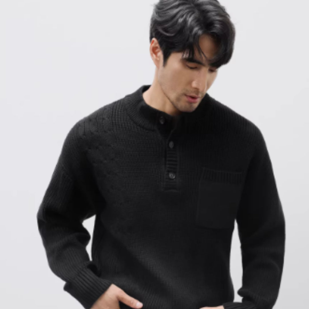 Pull épais jacquard col Henley lourd pour homme Luxanique