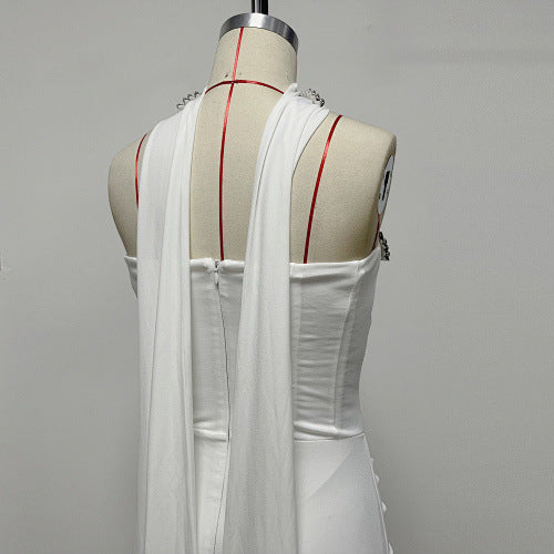 Ruched Rhinestone Halter Neck Flowing Ribbon Tube Dress Slim Fit Dress