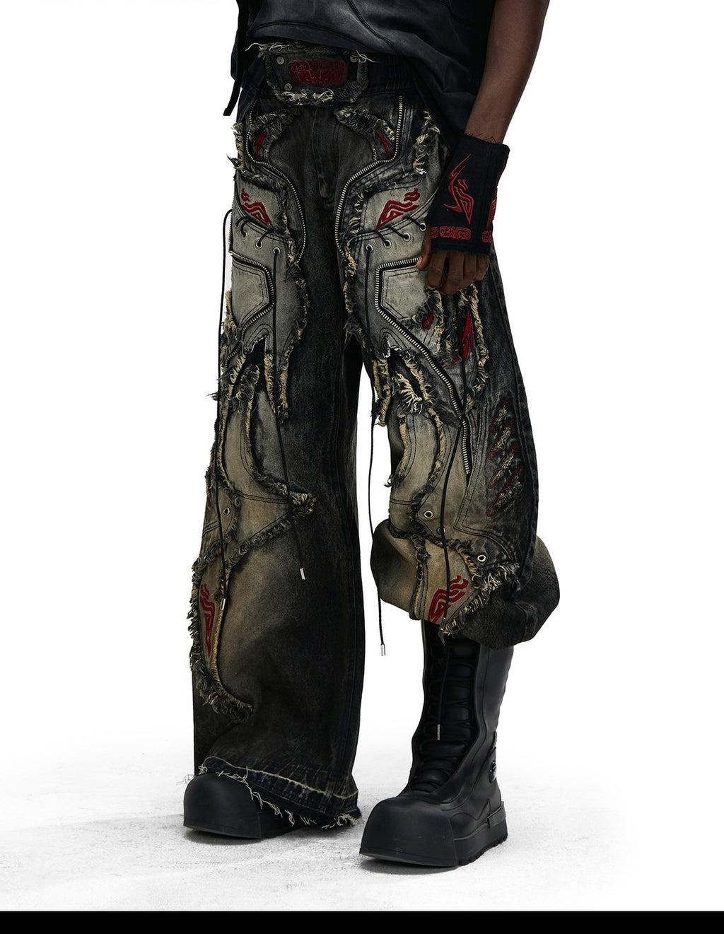 Lucky Pattern Embroidered Patchwork Jeans