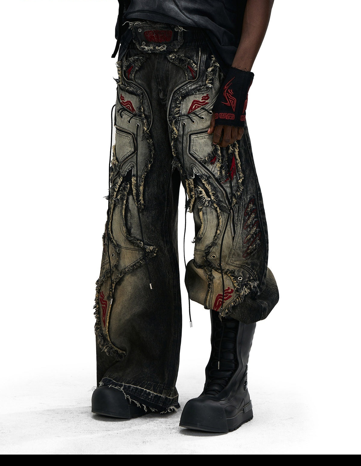 Lucky Pattern Embroidered Patchwork Jeans