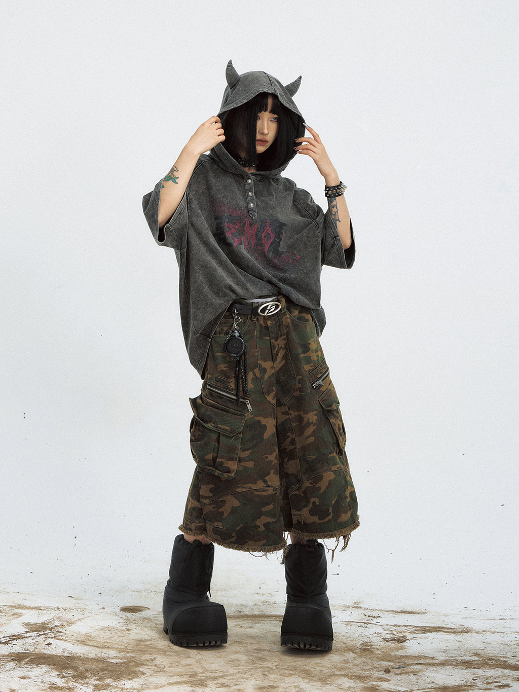 Sweat à capuche oversize délavé de style gothique – Streetwear haut de gamme