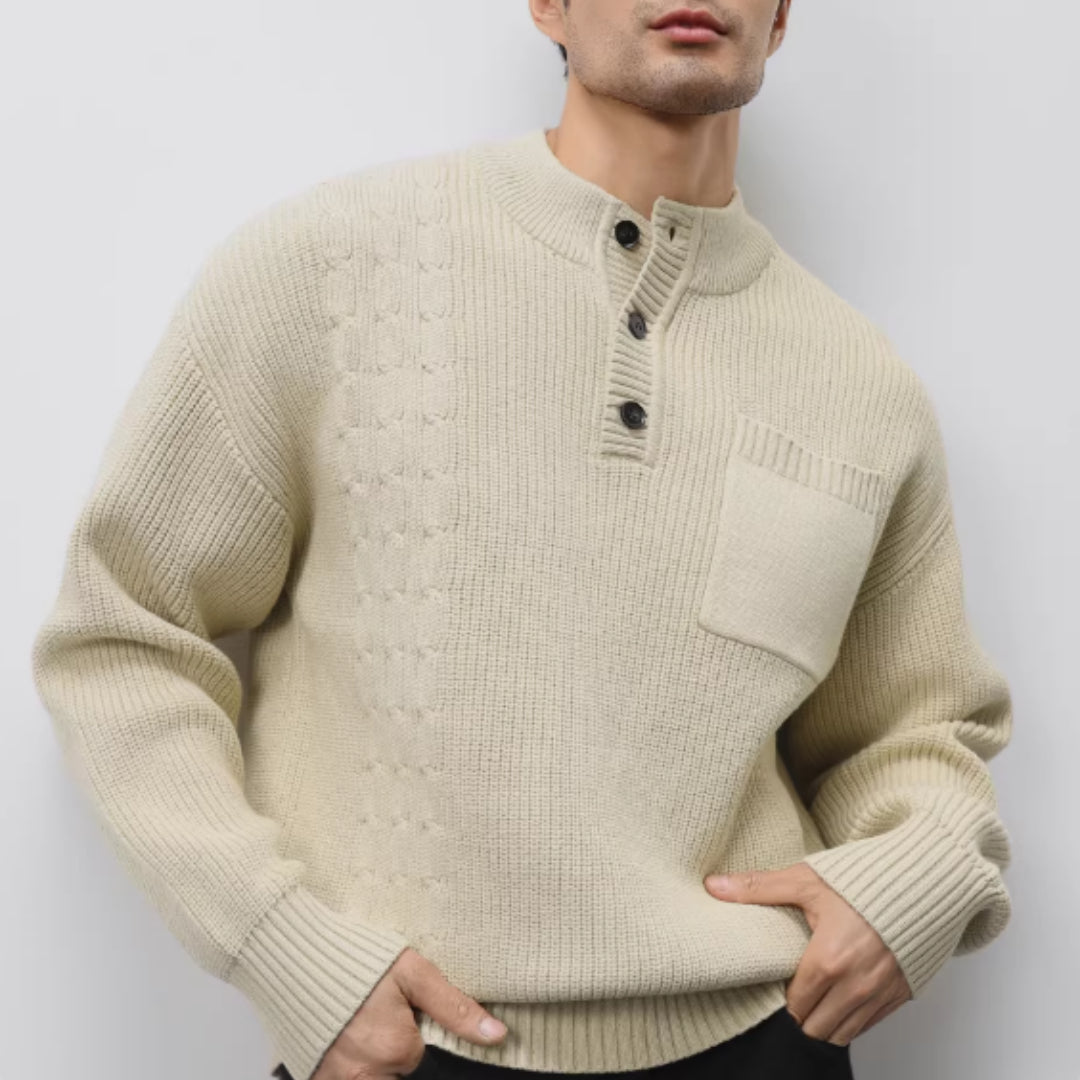 Pull épais jacquard col Henley lourd pour homme Luxanique