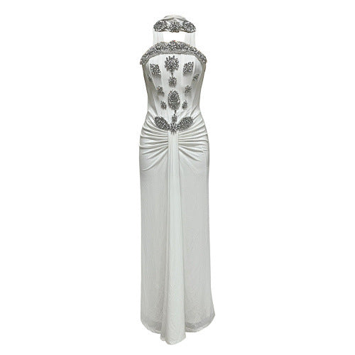 Ruched Rhinestone Halter Neck Flowing Ribbon Tube Dress Slim Fit Dress