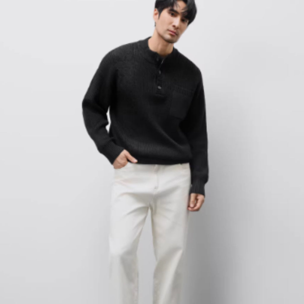 Pull épais jacquard col Henley lourd pour homme Luxanique