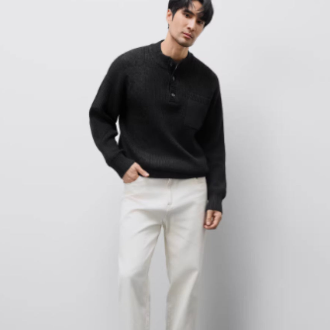 Pull épais jacquard col Henley lourd pour homme Luxanique