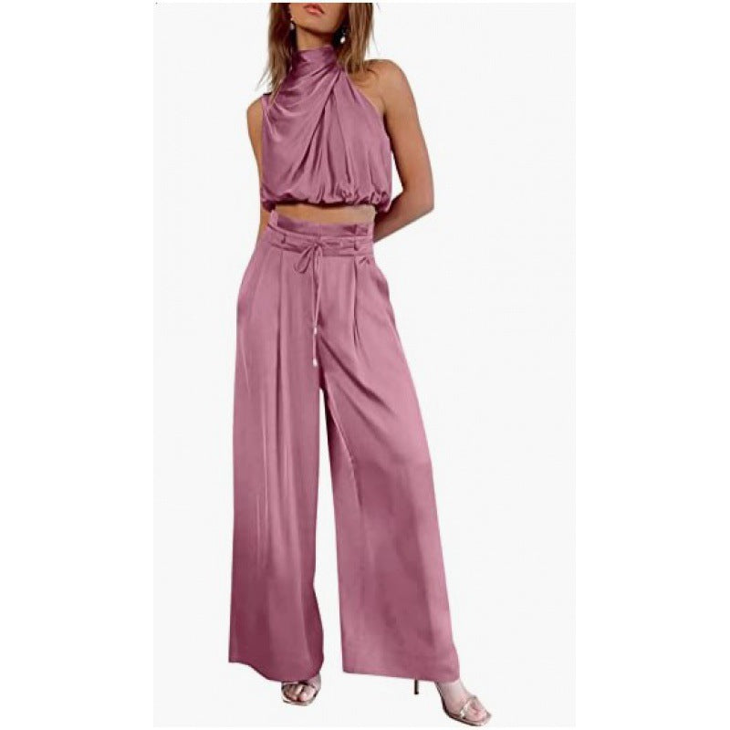 Summer Suits Casual Sleeveless Midriff-baring Top And Wide Leg Pants