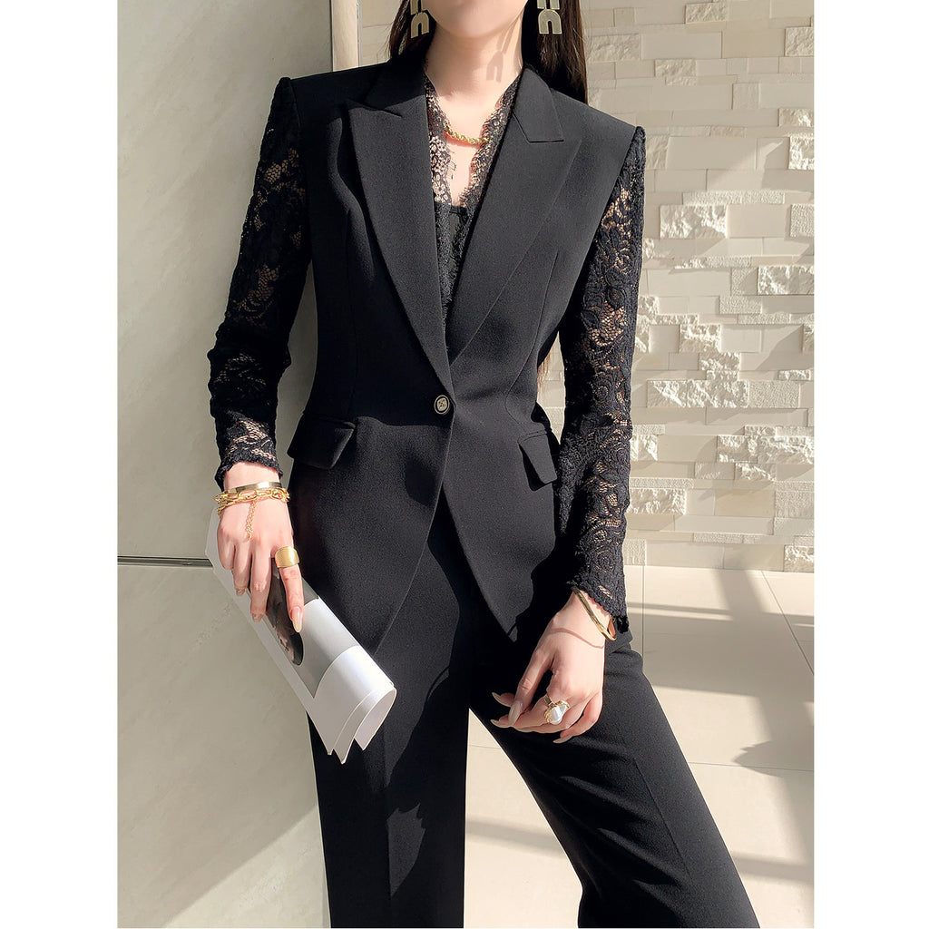One Button Lace Panelled Blazer And Trousers Two Piece Set