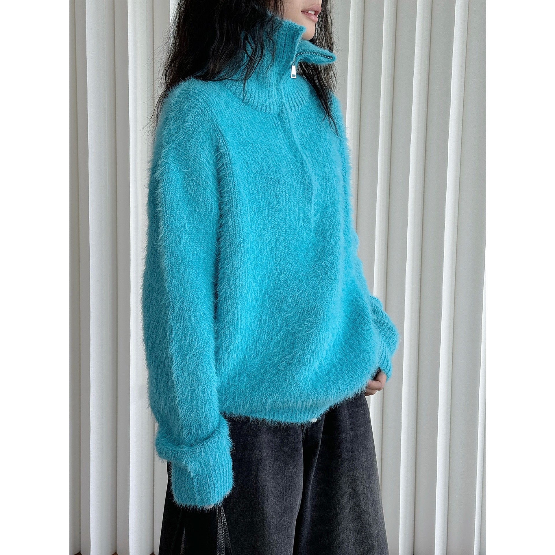 Korean-style Relaxed Faux Mink High-neck Sweater Top