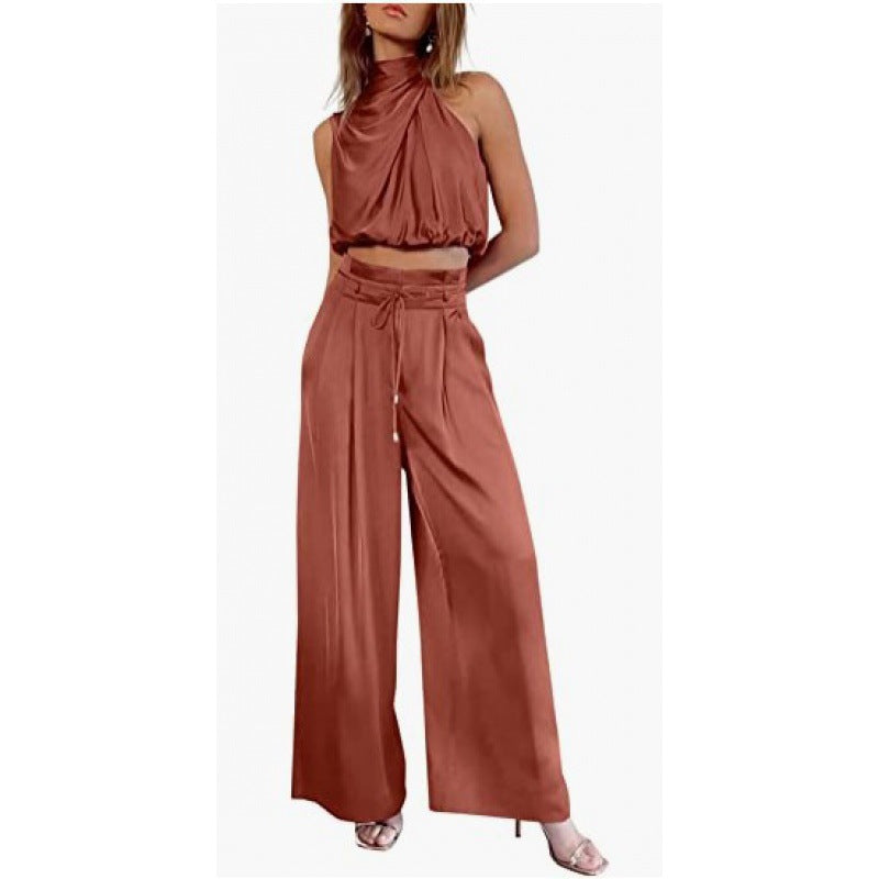 Summer Suits Casual Sleeveless Midriff-baring Top And Wide Leg Pants